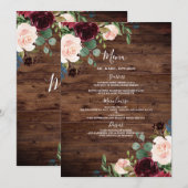Rustic Wood Burgundy Red Wine Flowers Weddenschap Menu (Voorkant / Achterkant)