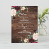Rustic Wood Burgundy Red Wine Flowers Weddenschap Menu (Staand voorkant)