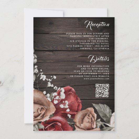 Rustic Wood Burgundy Rozen QR Code Weddenschap Kaart (Achterkant)