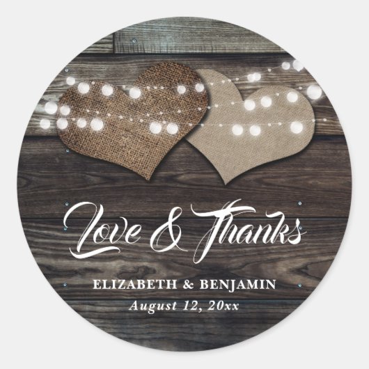 Rustic Wood Burlap en Lace Wedding Favor Stickers (Voorkant)