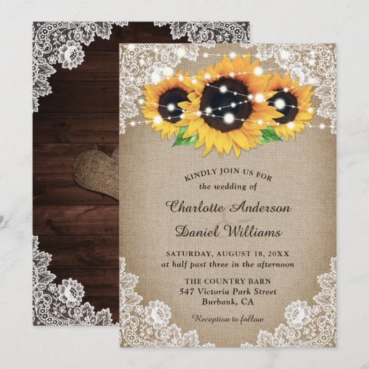 Rustic Wood Burlap Floral Lace Sunflower Wedding Kaart (Voorkant / Achterkant)