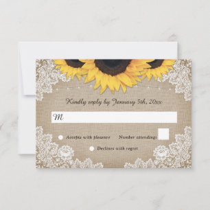 Rustic Wood Burlap Floral Lace Sunflower Wedding RSVP Kaartje