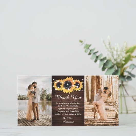 Rustic Wood Burlap Heart Sunflower Foto Bedankkaart (Staand voorkant)