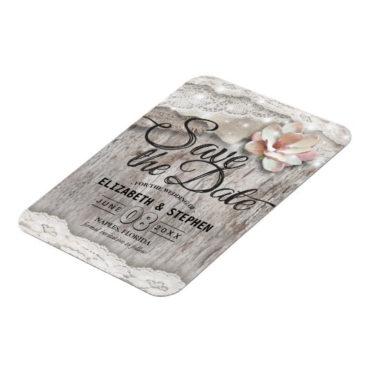 Rustic Wood Burlap Lace Barn Wedding Save the Date Magneet (Linkerzijde)
