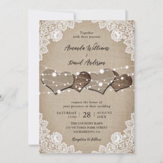 Rustic Wood Burlap Lace String Lights Wedding Kaart (Voorkant)
