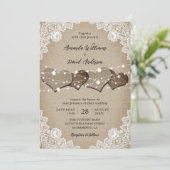 Rustic Wood Burlap Lace String Lights Wedding Kaart (Staand voorkant)