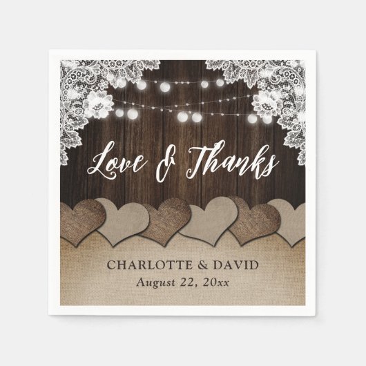 Rustic Wood Burlap Lace String Lights Wedding Servet (Voorkant)