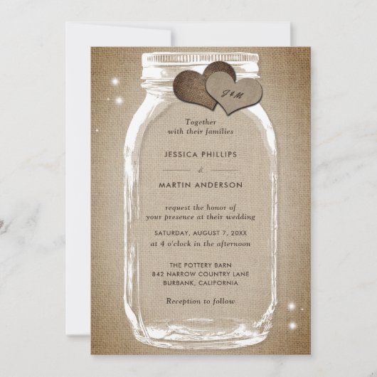Rustic Wood Burlap Mason Jar Invitations de mariag (Devant)