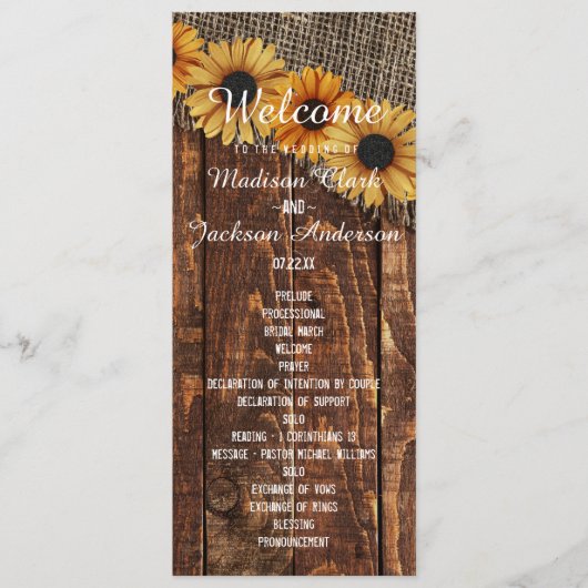 Rustic Wood & Burlap Programme de mariage des tour (Devant)