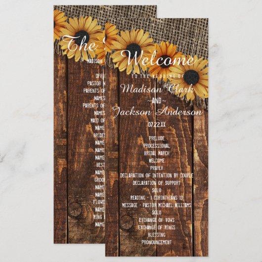 Rustic Wood & Burlap Programme de mariage des tour (Devant / Derrière)