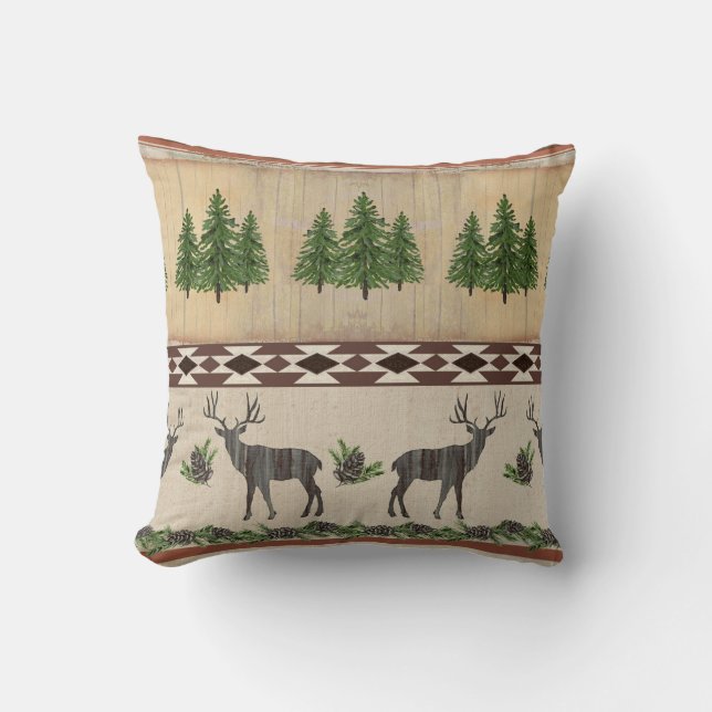Rustic Wood Cabin Deer Pine Trees Tribal Pattern Kussen (Voorkant)