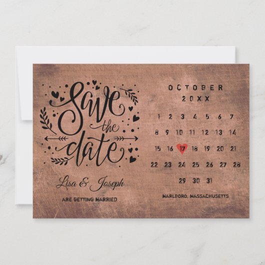 Rustic Wood Calendar Red Love Heart Save The Date (Voorkant)