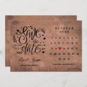 Rustic Wood Calendar Red Love Heart Save The Date (Voorkant / Achterkant)