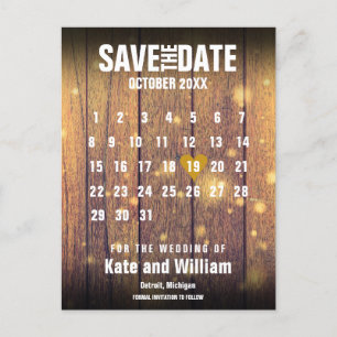 Rustic Wood Calendar Save the Date Gold Love Heart Aankondigingskaart