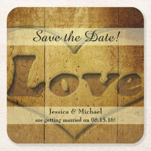 Rustic Wood Carved Love Save the Date Vierkante Kartonnen Onderzetter