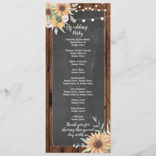 Rustic Wood Chalk Sunflower Wedding Programme Programma (Achterkant)