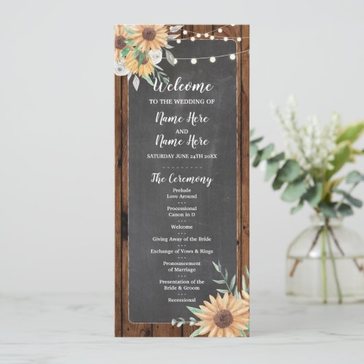 Rustic Wood Chalk Sunflower Wedding Programme Programma (Staand voorkant)