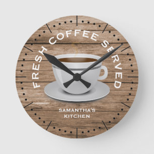 Rustic Wood Coffee Theme Farmhouse Kitchen Ronde Klok