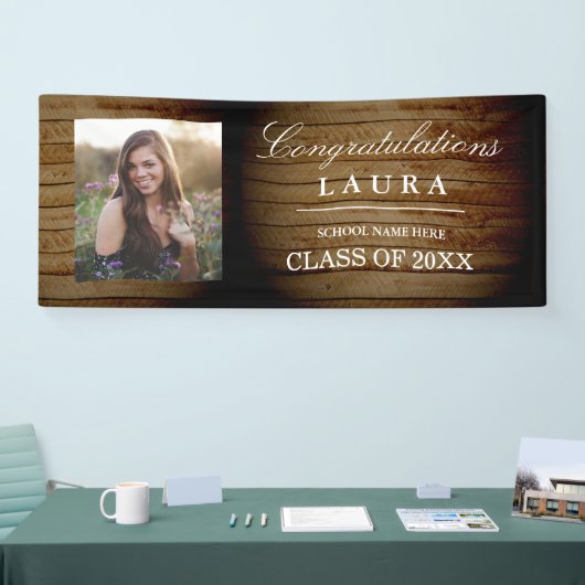 Rustic Wood Congrats Afstudeerder Afstuderen Photo Spandoek (Beurs)