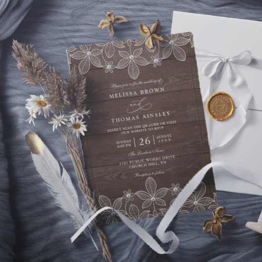 Rustic Wood Country Lace Elegant QR Code Wedding Kaart