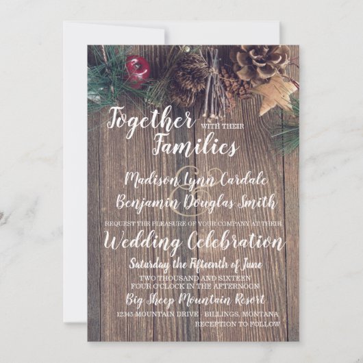 Rustic Wood Country Pine Cone Wedding Invitations Kaart (Voorkant)