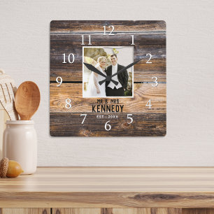 Rustic Wood Couple Photo Wedding Jubileum Vierkante Klok