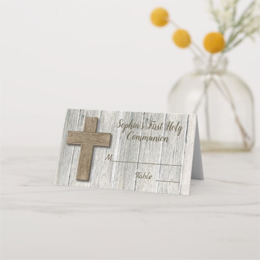 Rustic Wood Cross Eerste Communie - Plaats Kaart (Voorkant)