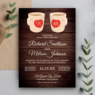 Rustic Wood Cute Coffee Mugs Wedding Invitation Kaart