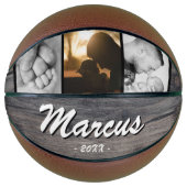 Rustic Wood Dad Name Keepslag 3 Photo Collage Basketbal (Voorkant)