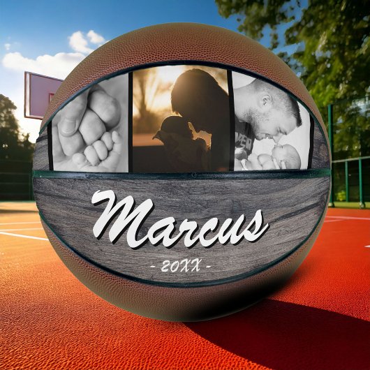 Rustic Wood Dad Name Keepslag 3 Photo Collage Basketbal