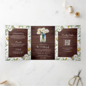 Rustic Wood Daisies Mason Jar QR Code Wedding Drieluik Uitnodiging (Binnen)