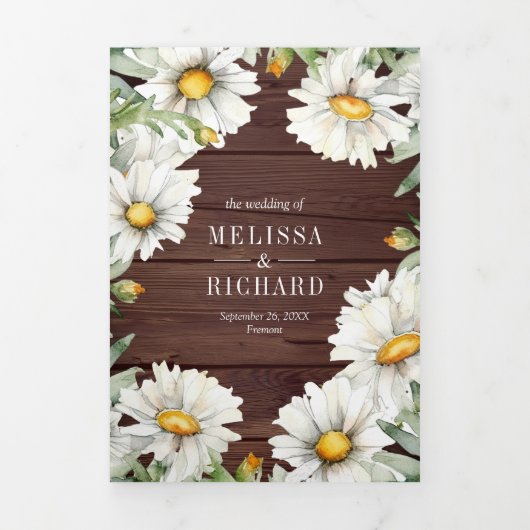Rustic Wood Daisies Mason Jar QR Code Wedding Drieluik Uitnodiging (Cover)
