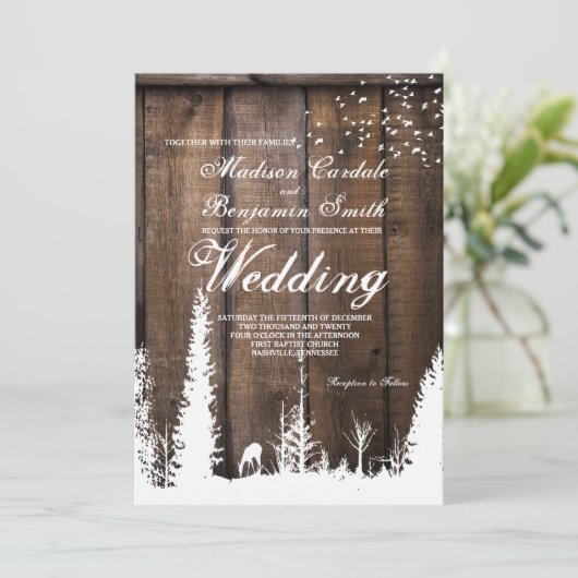 Rustic Wood Deer Pine Tree Wedding Invitations Kaart (Staand voorkant)