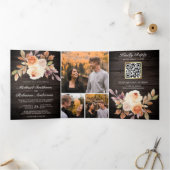 Rustic Wood Earthy Ivory Floral QR Code Weddenscha Drieluik Uitnodiging (Binnen)