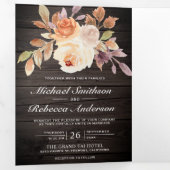 Rustic Wood Earthy Ivory Floral QR Code Weddenscha Drieluik Uitnodiging (Binnenzijde eerst)