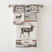 Rustic Wood Elk/rendierfamilie Monogram tan grijs Bad Handdoek (Insitu)