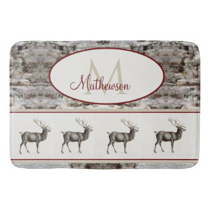 Rustic Wood Elk/rendierfamilie Monogram tan grijs Badmat