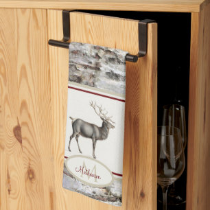 Rustic Wood Elk/rendierfamilie Monogram tan grijs Theedoek