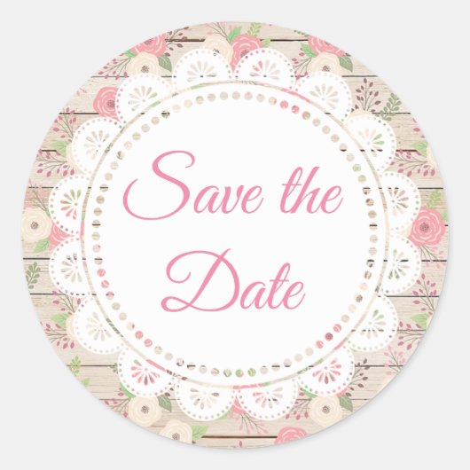 Rustic Wood en Flowers Wedding Save the Date Ronde Sticker (Voorkant)