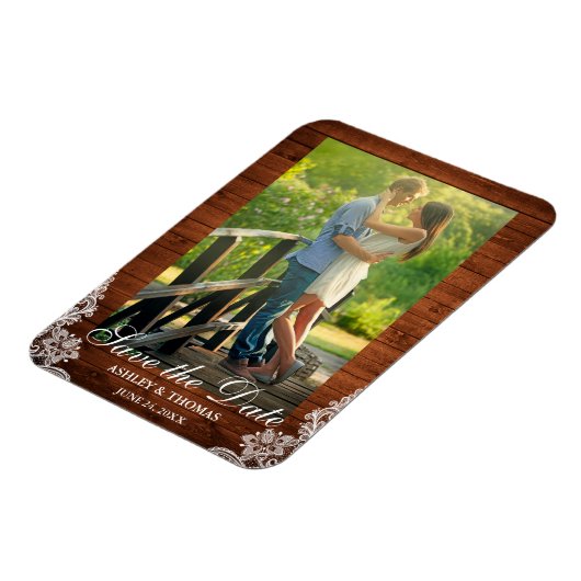 Rustic Wood en Lace Save the Date Photo Magneet (Linkerzijde)