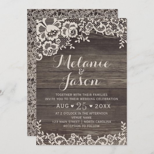 Rustic Wood en Lace Wedding Invitation Kaart (Voorkant / Achterkant)