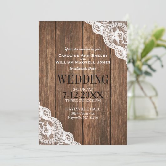 Rustic Wood en Lace Wedding Invitation Kaart (Staand voorkant)
