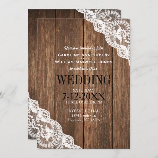 Rustic Wood en Lace Wedding Invitation Kaart (Voorkant / Achterkant)