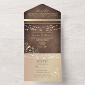 Rustic Wood en String Lights Wedding All In One Uitnodiging (Binnen)