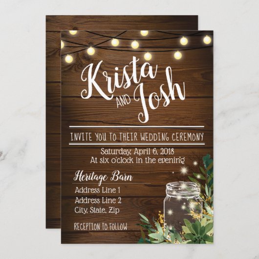 Rustic Wood en Succulent Wedding Invitation Kaart (Voorkant / Achterkant)