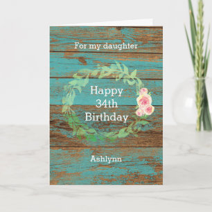 Rustic Wood en Waterverf Floral 34th Birthday Kaart