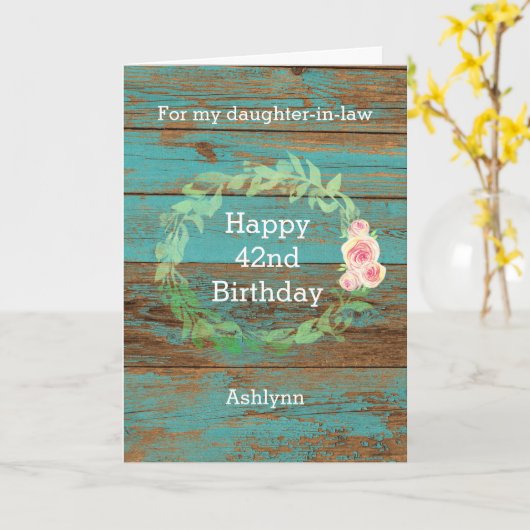 Rustic Wood en Waterverf Floral 42e verjaardag Kaart (Gele Bloem)