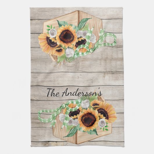 Rustic Wood en zonnebloemen Kitchen Towel Theedoek (Verticaal)