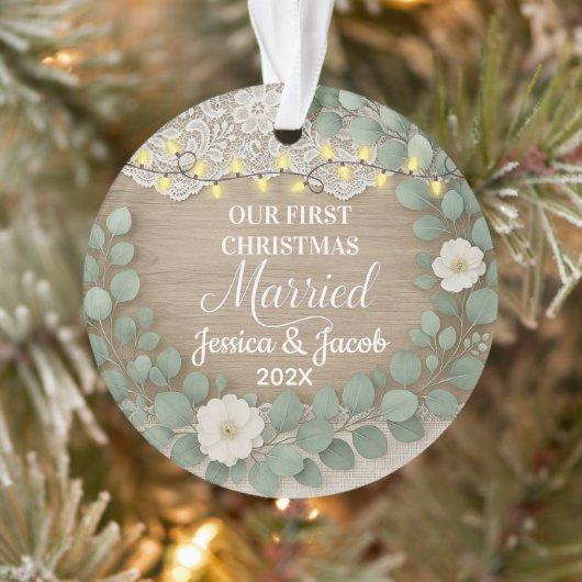Rustic Wood & Eucalyptus First Christmas Married Ornament (Boom)