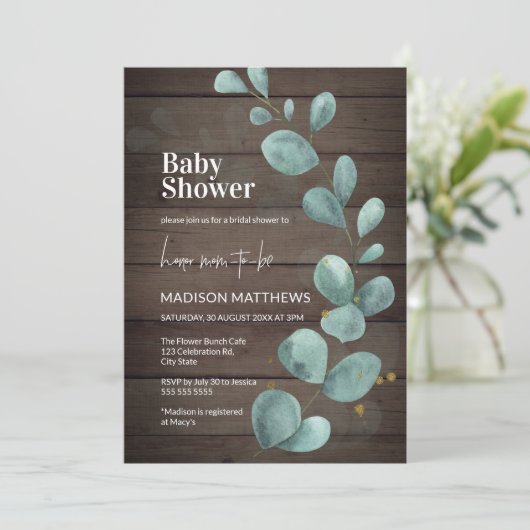 Rustic Wood Eucalyptus Greenery Baby shower Invita Kaart (Staand voorkant)